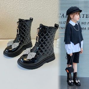 Boots Girls Autumn Glossy Chelsea Boots Winter Kids Versatile Rhinestone Bow Little Princess Casual Korean Style Boots 231012