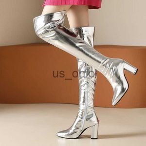 Boots Gold Silver Fashion Femmes Over the Knee Boots Automne Wincm Winter Square High Talon Boots Boots Patent Pu Leather Zipper Ladies Boots J230811