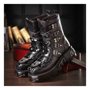 Botas gótico punk para hombre cuero motocicleta plataforma caucho negro cálido media pantorrilla militar combate moda47 230829