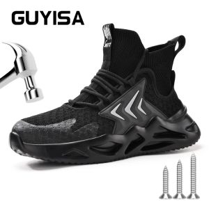 Boots Guyisa Safety Shoes High Cut Hosiery Tube Ultra Lightweight Steel Toe Taille 3846 Black Anti Smashing and Anti Cassin