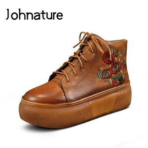 Boots Johnature 2021 Spring/Autumn Genuine Leather Retro Retro Rededed Lace-up Bord-Up Solid Toble Fat For Women Platform