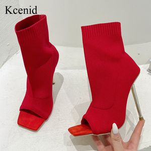 Boots Kcenid 2023 Red Green Femmes Ankle Peep Toe Metal Talon Treat Tissu Tissu sexy Sexe Coupure High Heels High Heels 230223