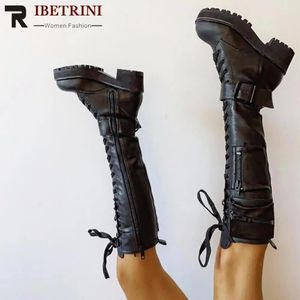 Boots Knee High Boots Femme Cool Goth Zipper Design Cool Lace Up Chunky HEEL HIGH QUALITY Shoes Fashion Fashion Popualr Big Size 45