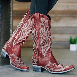 Bottes Dames botte classique brodé Western Cowboy bottes femmes en cuir Cowgirl bottes chaussures à talons bas genou haute femme bottes 231207