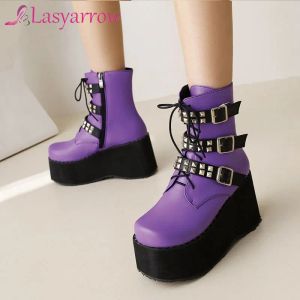 BOOTS Lasyarrow Motorcycle Boots for Women Autumn Platform Wedges Tobre Shoes para mujeres NUEVOS STRAP Fashion Goth Purple