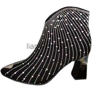 Bottes Meteor Rhinetstone Bottes noires pour femmes, bout pointu, talons hauts, bottes à fermeture éclair latérale, chaussures à plateforme, bottes de cowboy pour femmes x0928