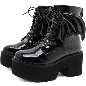 Boots New Fashion Angel Wing Ankle Boots High Heels Patent Leather Shoes Platform Femme Boots Punk Gothic Sexy Model Lotita Chaussures 2021