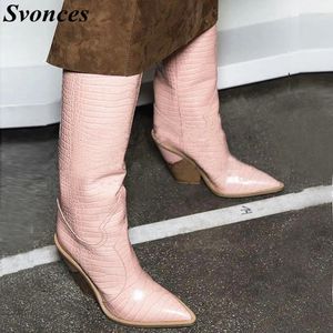 Boots Pink Snake Print Femmes 2024 Point Toe Knee-High Block Talon Mid Milier Riding Winter Piste Big Size 42