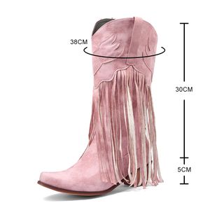 Bottes Glands roses frange mi-mollet bottes de cowboy occidentales pour femmes Vintage rétro bout pointu Cowgirl chaussons sans lacet chaussures bleu 230830