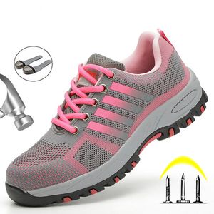 Botas Rosa Zapatos de seguridad para mujer Punta de acero Trabajo al aire libre Malla Anti smashing Construcción Zapatilla de deporte Zapato femenino 230703