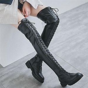 Botas Punk Creepers Mujeres con cordones Correas sobre la rodilla Alta Montar Mujer Punta Redonda Muslo Moda Zapatillas Plataforma Bombas