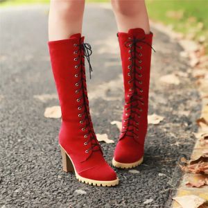 Botas Pxelena British Square Chunky High Heels Boots Military High Boots Women Women Lace Up Long Riding Knight Boots Flock 2018