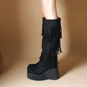 Botas de gamuza redonda botas altas aumentando el fondo grueso 8 cm tacón alto botas largas botas negras para mujeres