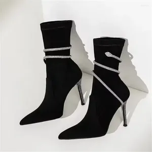 Botas sexy puntiagudas mujeres tobillo tacón alto diseñador slip-on zapatos de vestir serpentina sinuosa botines cortos señoras prom stiletto