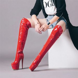 Bottes Cuissardes sexy pour femmes plate-forme fétiche strip-teaseuse danse chaussures d'hiver dame talons hauts sur la botte au genou rouge blanc noir 231124