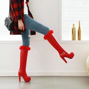 Bottes sexy cuisse haute pour femmes plate-forme fétiche chaussures dame talons genou rouge blanc cuir hiver fourrure longue