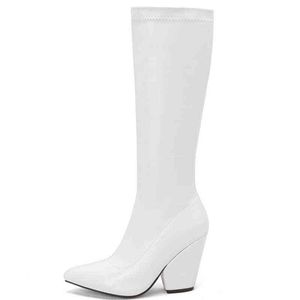 Botas Sexy blanco rojo hasta la rodilla mujer Otoño Invierno cuñas tacones muslo para talla grande fetiche fiesta zapatos largos 220805