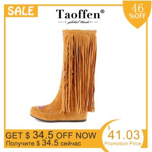 Boots Taoffen Fashion Chinois Nation Style Flock Cuir Femmes Fringe Fringe Flats Talons longs Boots Femme Tassel Gnee High Boots Taille 3443