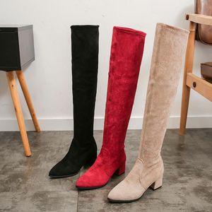 Botas altas hasta el muslo para mujer, moda de invierno 2021, botas por encima de la rodilla, zapatos de ante con tacones sexis para mujer, piel roja cálida, puntiaguda negra de talla grande