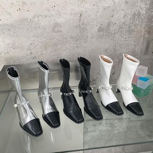 Bottes hiver femmes cheville argent noir blanc couleur mixte chaussette chaîne en métal épais mi talons dos fermeture éclair Stretch chaussures femme