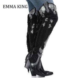 Botas Invierno Mujer Rhinestones Muslo Botas de vaquero altas Punta puntiaguda Tacones gruesos Botas occidentales NightClub Party Crystal Dress Boots 230803