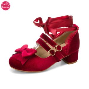 Boots Woman's Med Heel Lolita Chaussures Flock Pu Leather Cute Bow Mary Jane Pumps Bride Wedding Cosplay Party Red Pink Black Taille 3443