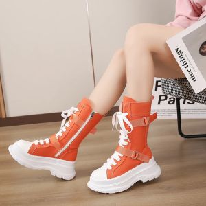 Boots Femmes Mid Malf Boots Tolevas Round Toe Mid Heel Boots for Woman Fashion Orange Plateforme Lace Up Zip Shoes Botas Mujer 2022