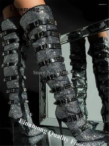 Boots Femmes Sexy Bling Diamond Rhingestone Stiletto Talon sur le genou Black Crystal Straps Buckles Rivet Long High