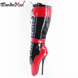Boots Wonderheel Ultra High Heel 18cm Stilleto Stilleto Black and Red Patent Femmes Genou Prémacutiers Ballet Fetish Fashion Chaussures