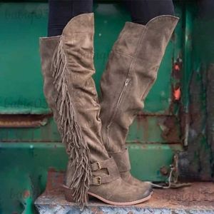 Botas XPAY Moda Boho Rodilla Bota alta Mujeres étnicas Borla Fringe Faux Gamuza Cuero Botas altas Mujer Chica Botas planas 35-43 T231121