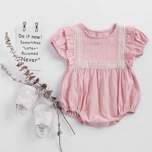Nacido ropa de bebé rosa niño mameluco niña volante otoño algodón mono traje de acción de gracias 210429