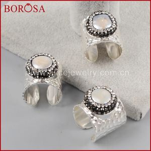 Borosa Silver Color Natural Pearl Fashion Band Round Water Water Pearl Rigne de zircon pavé Ring Jab795 240403
