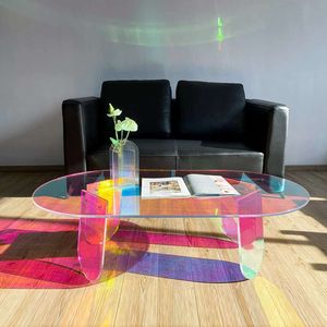Botabay Acrílico Sala de Estar Café Transparente Color Arco Iris Decoración de Comedor Mesa de Borde Redondo con 5 Posavasos