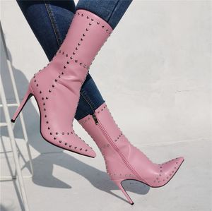 Botas De Mujer, botines De Mujer con tachuelas, De cuero blanco y negro, Zapatos básicos De tacón alto De aguja, Zapatos sexis para fiesta De Mujer