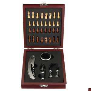 Ouvre-bouteilles de faveurs Accueil Visite Verseur Coupe-feuille d'étain avec tire-bouchon d'échecs Boîte-cadeau vintage Jeu de liège Ouvre-vin Ensemble d'outils en bois Dhhpt