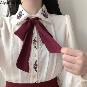 Fondos coreano Chic primavera otoño mujeres hermosa blusa cuello vuelto bordado Floral gasa Blusas Vintage elegante arco señora camisa