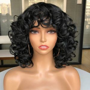 Bouncy Human Bob Wigs Afro Funmi Curly Brésilien Pixie Pixie Cut bon marché sans glueless Hine Made Perruque avec frange 40 2