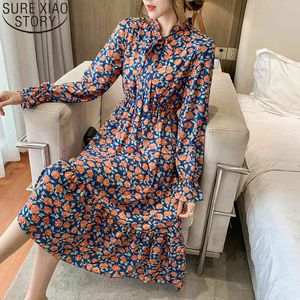 Bow High Waist Chiffon Midi Long Sweet Floral Dress Mujer Primavera y otoño Vestidos estampados Vestidos 13402 210417