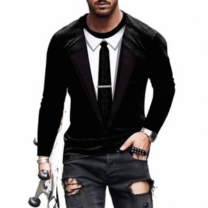 Bow Tie 3D T-shirt Automne Hommes Chemise Tuxedo Rétro Cravate Costume 3D Imprimer T-shirt Casual Lg-manches Streetwear Drôle Faux Costume Chemise Q8Zw #