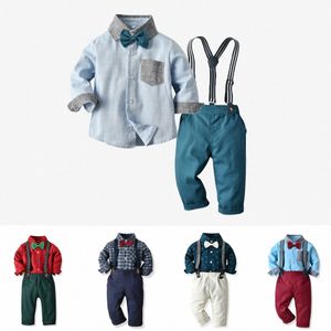 Bow Tie Bébé Enfants Vêtements Ensembles Chemises Pantalons Messieurs Garçons Tout-petits Rayé Casual T-shirts à manches longues Bretelles Costumes Ensembles Jeunes Enfants Tenue S7dG #