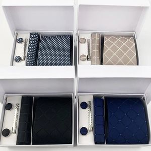 BOY TIES 2024 6PCS SET BOX Gift Boîte pour hommes Classic Poldaid Polyester Pocket Square Clip Cufflinks Handkerchief Wholesale