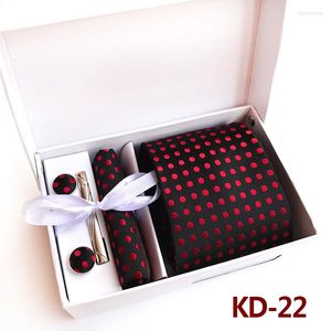 Noeuds papillon 24 Designs Classique Hommes Rouge Dot Jacquard Tissé Soie Cravate Mouchoir Boutons De Manchette Pour La Fête De Mariage D'affaires Avec Boîte-Cadeau