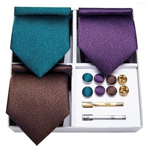 Bow Ties 3 Pack Blue Purple Brown Solid Men's Tie Set Set Pocket Square Cuffe Links Gift For Men Business Wedding Necktie Clip Dibangu