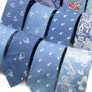 Bow Ties Blue Cotton Denim for Men Floral Skull Anchor Pattern Mather Coup Tie Mariage Party Casual Casual Slim Neckties Daily Wear Gift