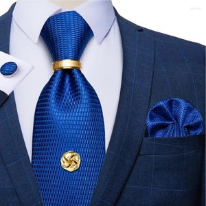 Pajaritas clásicas a cuadros lisos, azul real, dorado, de seda para hombre, accesorios de boda, conjunto de corbata para hombre, tachuela cuadrada de bolsillo, regalo