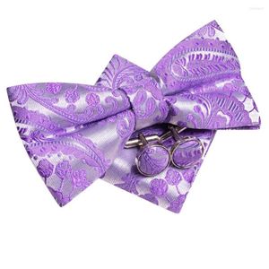 Pañuelos de lazo Hi-tie Lila Púrpura Seda Corbata para hombre Hanky ​​Gemelos Conjunto Pre-atado Nudo de mariposa Jacquard Bowtie para regalo de negocios de boda masculino