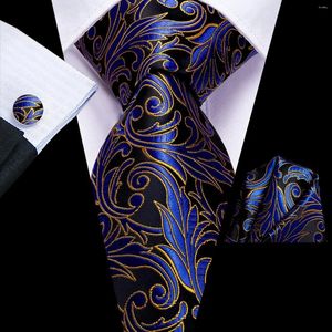 Bow Ties Hi-Tie Luxury Navy Blue Gold Floral Coldie avec des boutons de manchette Hanky Crave Business For Men Fashion Designer Party