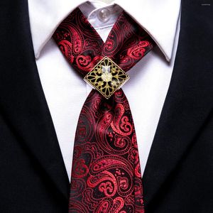 Pajaritas Hi-Tie Anillo de lujo Rojo oscuro Conjunto de corbatas para hombres Paisley Seda para hombres Diseño de moda Gemelos de pañuelo Corbata de calidad de boda