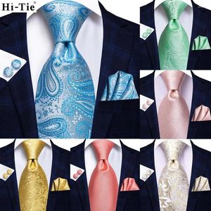 Bow Ties Hi-Tie Mens Silk Wedding Tie Light Blue Mint Pink Paisley Solie Ashion Design Couade Coldie pour hommes Hanky Cuff Link Business Party