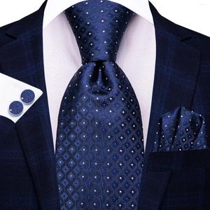 Pañuelos de lazo Hi-Tie Navy Blue Dot Mens Moda Corbata Pañuelo Gemelos para accesorio de esmoquin Seda clásica Corbata de lujo Hombre Regalo